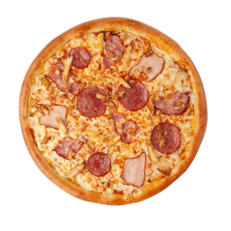 pizza-cuatro-carnes-composicion-incluye-cuatro-tipos-carne-carbonade-pollo-cervelat-tocino-queso-mozzarella-salsa-tomate-vista-arriba-fondo-blanco-aislado