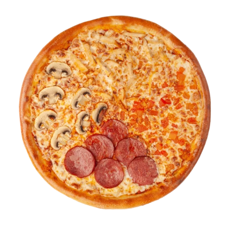 pizza-cuatro-rellenos-cervelat-picante-pollo-jugoso-tomates-queso-mozzarella-champinones-salsa-tomate-vista-arriba-fondo-blanco-aislado